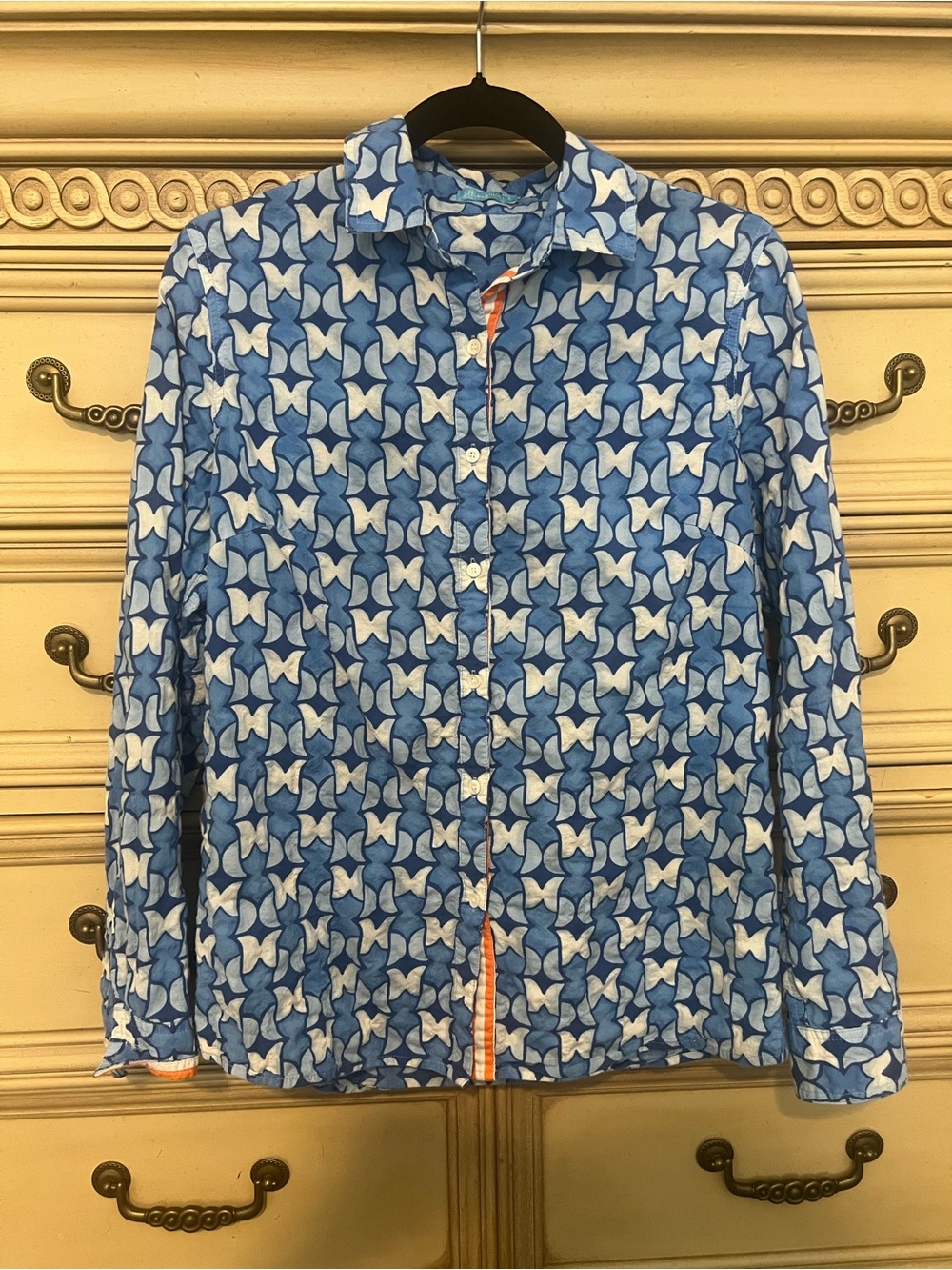 J McLaughlin Lois Crinkled Tulip Blue Orange Cream Button Down Shirt Small